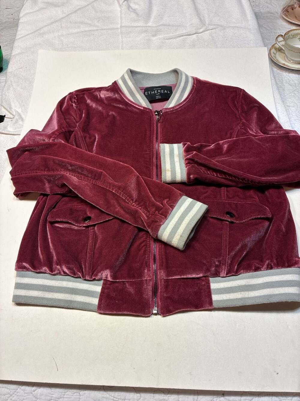 Ethereal Los Angeles Magenta Velour Varsity Zip-Up Jacket